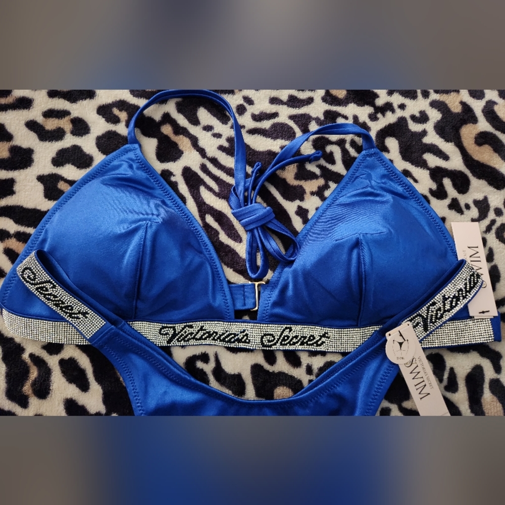 VS M L Swim Shine Strap Triangle Bikini Top Blue Oar